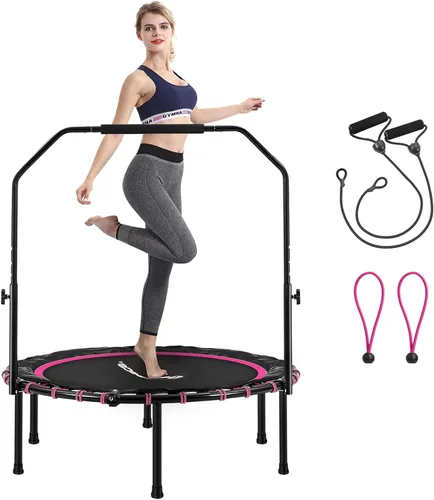 SONGMICS Mini trampolín de fitness de 40 pulgadas, rebote de fitness con pasamanos ajustable, trampolín plegable para entrenamiento en casa, carga