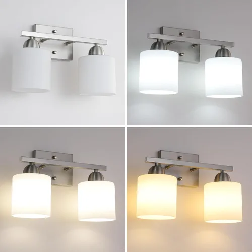 Miniatura 4 de Mecgirn Luces de tocador de vidrio de leche de acero inoxidable para baño, 2 lámparas de baño de níquel cepillado sobre espejo, enchufes E26