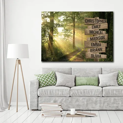 Miniatura 3 de MySoulAndSpirit Store - Lienzo personalizado con múltiples nombres de sol a través del bosque, arte de pared personalizado con nombre de la familia