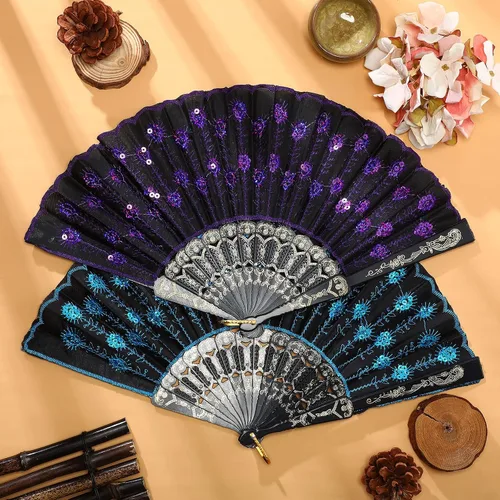 Miniatura 4 de Jetec Abanico español de encaje de 2 piezas, ventilador de mano plegable chino de mano para mujer, disfraz de baile de los años 20, regalo de azul