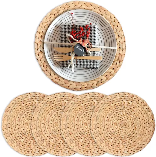 Juego de 4 manteles individuales bohemios para mesa de comedor, manteles individuales de jacinto de agua para mesa redonda, manteles individuales