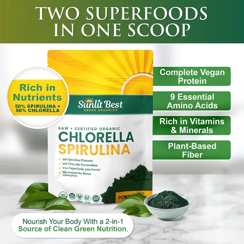 Miniatura 2 de Sunlit Best USDA Organic Chlorella Spirulina en polvo – Fuente 100% cruda y vegana de proteína y clorofila Bebida energética de superalimentos sin