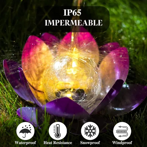 Miniatura 5 de AIINY Luz solar al aire libre (paquete de 2), decoración de loto de cristal, LED solar, impermeable, luces de flores de metal morado para patio, Azul