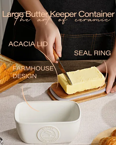 Miniatura 5 de Getstar Mantequera de cerámica con tapa de acacia para encimera, sellado de silicona, decoración de encimera de cocina de granja, recipiente grande