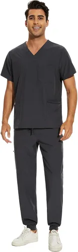 Miniatura 7 de COZYFIT Conjunto de ropa quirúrgica para hombre camiseta elástica con cuello en V y pantalón deportivo con 8 bolsillos, cintura de yoga, ropa