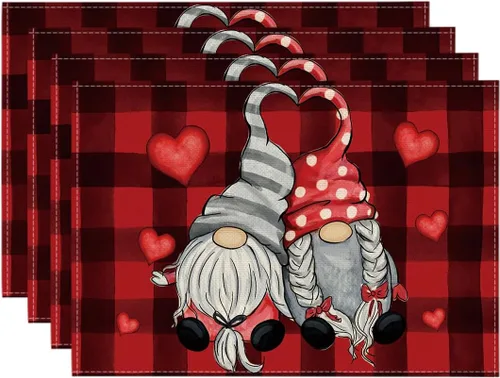 Miniatura 11 de Artoid Mode Juego de 4 manteles individuales con diseño de gnomos y corazones de San Valentín, 12 x 18 pulgadas, para boda, aniversario, primavera