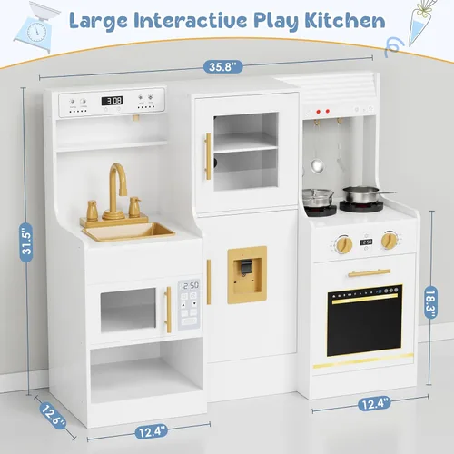 Miniatura 2 de MAMIZO Cocina de Juego de Madera para Niños, Set de Juego de Cocina de Juguete para Niños Pequeños, Grande Interactivo de Simulación con 6 Blanco