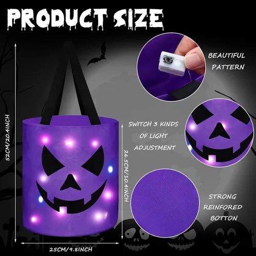 Miniatura 5 de Yaomiao 4 cubos de Halloween para niños con luz LED para dulces de calabaza, cestas de regalo reutilizables para suministros de fiesta (colorido)