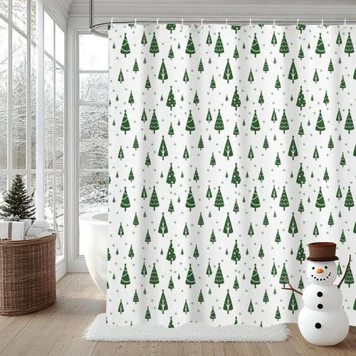 MEHOFOND Cortina de ducha de Navidad Feliz, 183x183 cm, árbol de Navidad verde, cortina de baño de invierno, tela de poliéster impermeable con