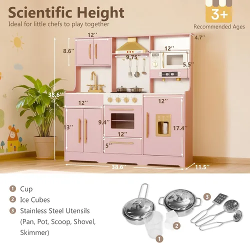 Miniatura 9 de Kinder King Cocina de madera para niños, juego de cocina de juguete para niños pequeños, juego de cocina con sonidos reales, máquina de café de Rosa