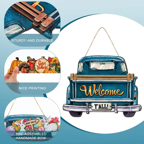 Miniatura 4 de Ferraycle - Letrero de bienvenida intercambiable para puerta delantera con 12 iconos de vacaciones, letreros de bienvenida de temporada, rústico