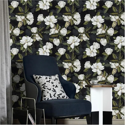 Miniatura 2 de HAOKHOME Papel tapiz floral Gardenia removible de vinilo negro/blanco/verde, autoadhesivo de 17.7 pulgadas x 32.8 pies Negro/Blanco/Verde/Gris
