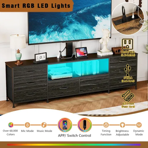 Miniatura 8 de Large TV Stand with Power Outlet and LED Lights, Entertainment Center with 8 Drawers and TV Mount, Rustic Wood Media Console Table with Storage for