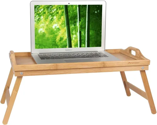 Miniatura 10 de Artmeer Mesa Bandeja de Cama con Patas Plegables, Bandeja de Desayuno de Bambú con Asas Ideal para Sofá, Cama, Comer, Trabajar, Usada Como