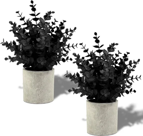 Coferset Paquete de 2 Plantas Falsas de Eucalipto Negro Pequeñas Plantas Falsas en Maceta Plantas Artificiales para Decoraciones de Halloween