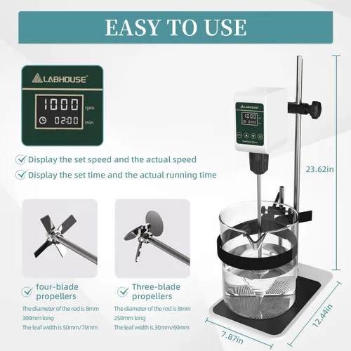 Miniatura 3 de Agitador digital OS-5S de 10L (H₂O), soporte de acero inoxidable de base plana y 2 paletas de agitación y soporte para vaso de precipitados