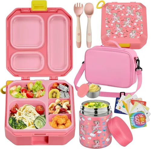 Miniatura 12 de wiwens Lonchera Bento para Niños con Termo para Sopa de 12 oz a Prueba de Fugas, Contenedor de Comida para Almuerzo con 5 Compartimentos, Frasco