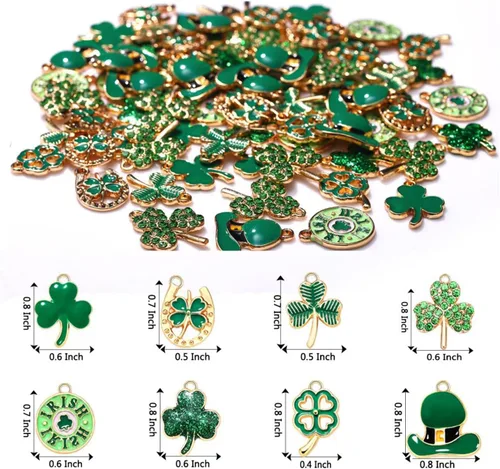 Miniatura 3 de 40/80 dijes de trébol del día de San Patricio para hacer joyas, diamantes de imitación esmaltados con sombrero verde y hojas colgantes