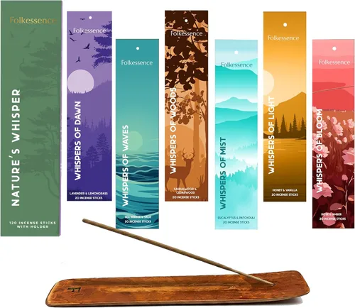 Folkessence - Juego de 6 varillas de incienso (120 varillas), incienso Nature's Whisper para aromaterapia, meditación y fragancia para el hogar,