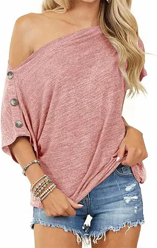 Miniatura 2 de Blusa sólida hombros descubiertos para mujer, camiseta de manga corta de verano 2023, camiseta holgada sexy para fiesta