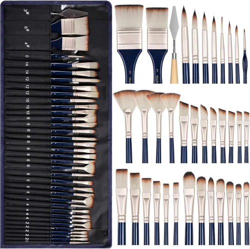 Miniatura 8 de Nicpro Juego de 30 pinceles de pintura, pinceles profesionales con espátula de pintura y rollo de tela, pinceles de pintura para acrílico, óleo