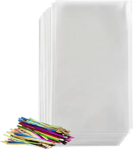 Prestee, 200 bolsas de celofán transparente de plástico - 4x6 con lazos de 10 cm, bolsas para caramelos y galletas, bolsas de regalo con lazos,
