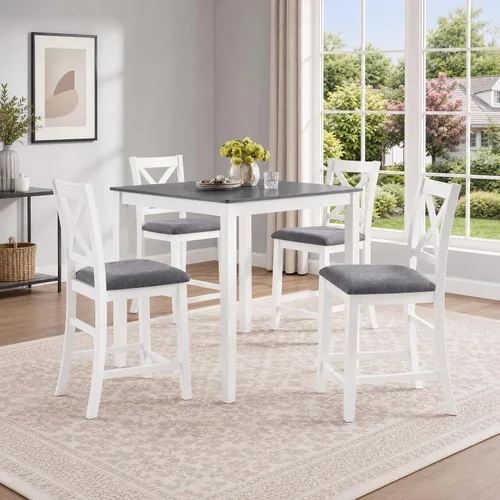 Miniatura 14 de Juego de mesa de comedor para 4, juego de mesa de comedor de 5 piezas con mesa cuadrada y 4 sillas tapizadas de tela de lino, modernos