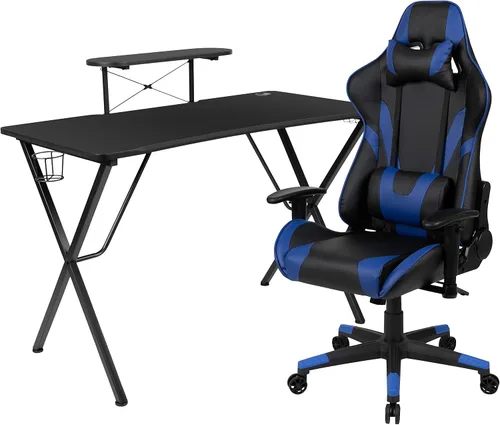 Miniatura 29 de Flash Furniture Juego de escritorio para juegos negro y silla de carreras blanco/negro con soporte para tazas, gancho para auriculares y soporte