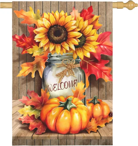 Fall Garden Flags Thanksgiving Sunflower Pumpkin Printing House Flag Welcome Autumn Maple Leaves Yard Flags for Outside Mason Jar Pattern Floral
