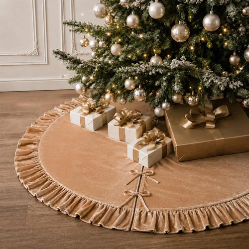 Miniatura 39 de Faldones de Felpa para Árbol de Navidad, 24 pulgadas, Lujosa Cubierta de Base de Árbol de Navidad de Piel Sintética Negra con Copos de Nieve Dorados