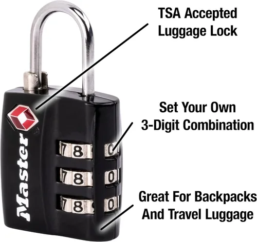 Miniatura 3 de Master Lock Cerradura de equipaje negra aprobada por la TSA con cuerpo de bloqueo ancho y grillete de acero fino y duradero, cierre de cremallera