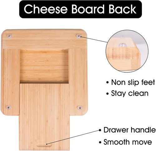 Miniatura 4 de DUNCHATY Juego de tablas de queso de bambú, tabla de charcutería con cajón deslizante, cubiertos y accesorios, rústico, marrón, rectangular, apto