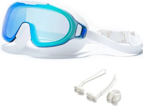 Gafas de natación, gran angular antivaho y a prueba de fugas UV, gafas de natación de moda para hombres y mujeres Espejo deslumbrante blanco