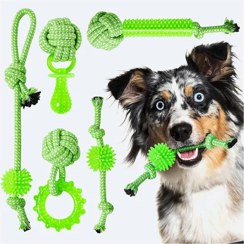 Juguetes para cachorros, paquete de 5 unidades para cachorros de alta energía, juguetes de dentición para cachorros, de goma y cuerda, juguetes