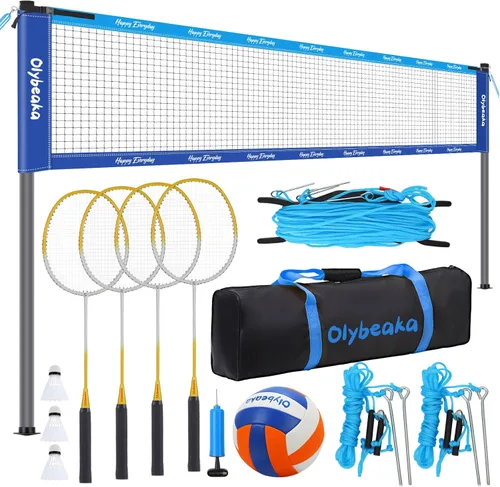 Miniatura 9 de Conjunto combinado de bádminton de voleibol al aire libre con red, diseño antiflacidez, 4 raquetas de bádminton, 3 pajaritos y voleibol de Oange