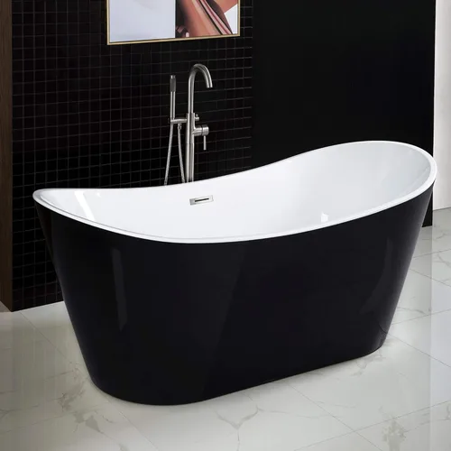 Miniatura 2 de WOODBRIDGE - Tina de baño independiente de acrílico contemporáneo de 59 pulgadas, color negro, con rebosadero y drenaje de níquel cepillado, B1816