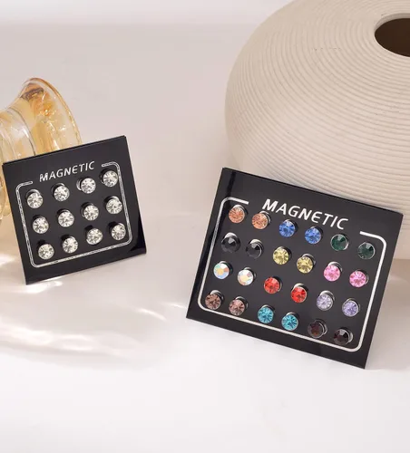 Miniatura 6 de Ofeiyaa Juego de 18 pares de aretes magnéticos de circonita cúbica de colores, aretes falsos, sin piercing, aretes para mujeres y hombres, 0.157 in