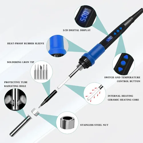 Miniatura 3 de Kit de Hierro de Soldar, Kit de Hierro de Soldar de 80W con Pantalla LED de Temperatura Ajustable con Modo de Suspensión Automática, Incluye 5 Azul