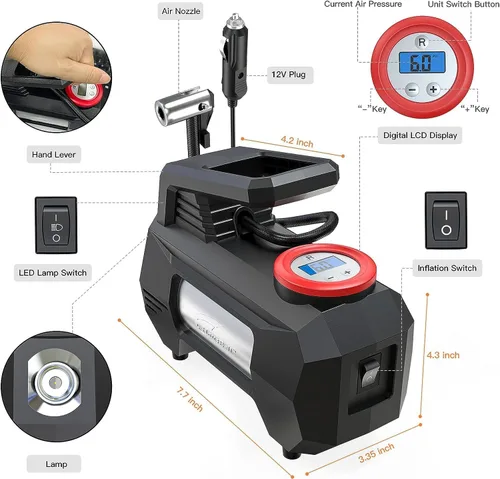 Miniatura 2 de HAUSBELL Inflador de neumáticos de 150 PSI compresor de aire portátil para neumáticos de automóvil, bomba de aire para automóvil, bomba de Inflador