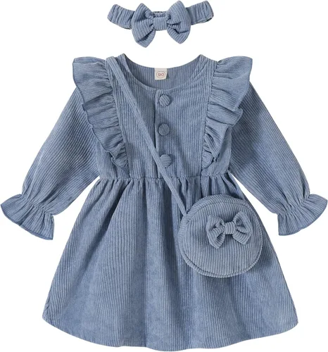 Happy Town Ropa de otoño para niñas pequeñas, vestido de pana de manga larga con volantes con bolsa cruzada y diadema de 1 a 6 años