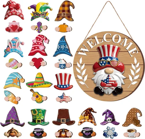 Miniatura 8 de Qunclay 31 piezas 3D de grano natural intercambiable de madera gnomo para puerta, decoraciones navideñas de gnomo con piezas magnéticas y sombreros