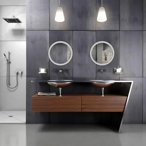 Miniatura 4 de Krugg Espejo redondo LED de baño de 22 pulgadas de diámetro, espejo de tocador iluminado con atenuador y desempañador, cristal con respaldo plateado