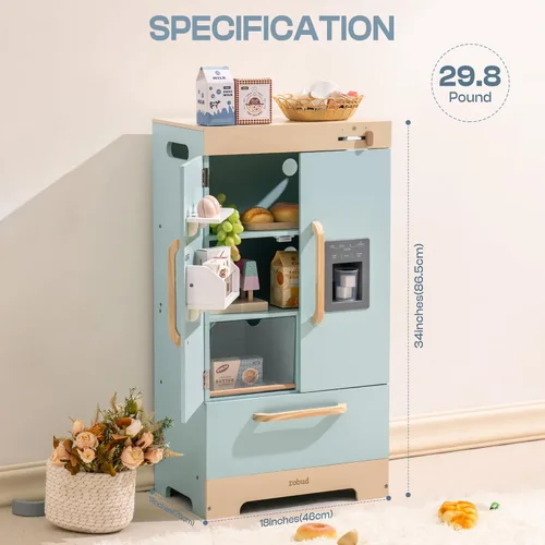 Miniatura 6 de ROBOTIME - Refrigerador de madera de juguete, para niños pequeños y grandes, con máquina de hielo y alimentos, juego de cocina de simulación