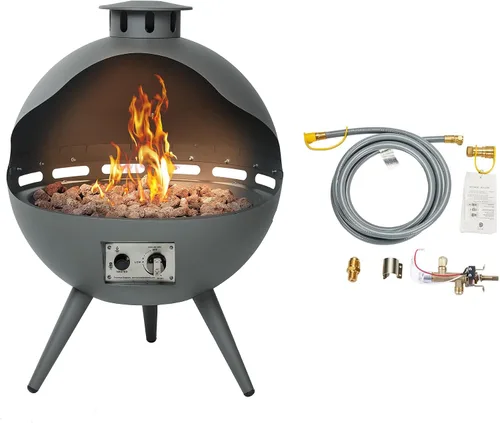 Miniatura 8 de Chimenea de gas exterior de 24 pulgadas, fogata de propano de 55,000 BTU con rocas de lava y cubierta de lluvia, hoguera semiesférica de 3 patas