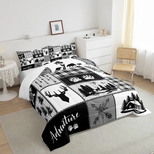 Miniatura 195 de Juego de edredón de cuernos de ciervo tamaño individual, juego de ropa de cama rústica de granja con huellas de oso y pinos para decoración