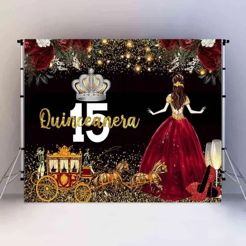 Miniatura 12 de Vestido rojo, fondo de flores de rosa, telón de fondo de cumpleaños de quinceañera para niña, princesa, feliz cumpleaños 15, carruaje de fotografía