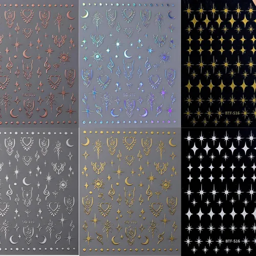 Miniatura 6 de 6 hojas de calcomanías de uñas de estrellas doradas 3D autoadhesivas plateadas, calcomanías de uñas degradadas de corazón y luna, calcomanías