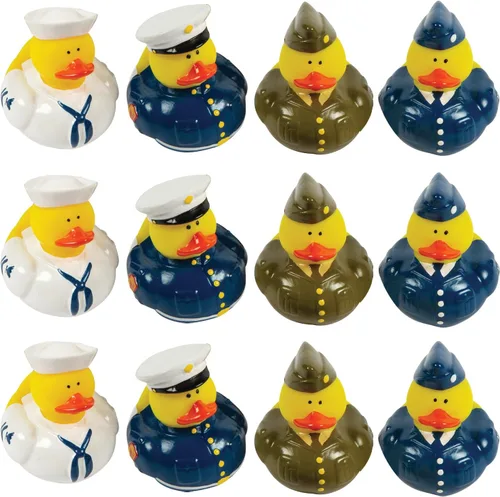 Fun Express Paquete de 12 patos de goma militares a granel, recuerdos de fiesta del ejército para cumpleaños de niños y premios en el aula, juego de