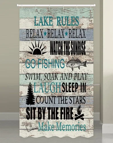 Cortina de ducha rústica con reglas del lago para baño, Lake Life Lodge Cabin Farmhouse Relax Quotes Vintage Country Tablón de madera decoración de