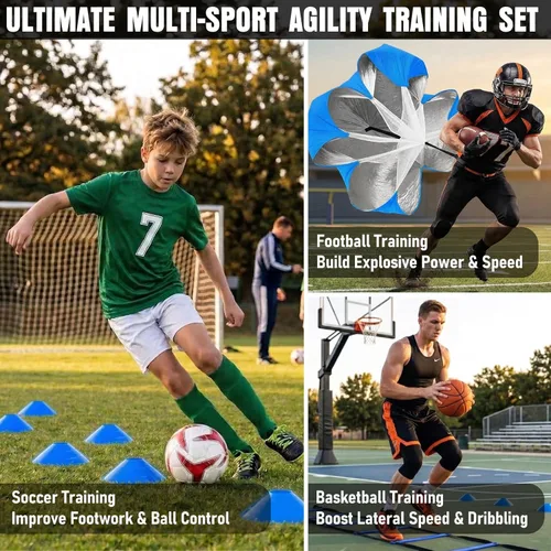 Miniatura 7 de MUROZA Agility Ladder, Agility Speed Training Equipment Set, 20ft Speed Ladder, 12 Soccer Cones, 4 Hurdles, Jump Rope, Running Parachute, Soccer Azul